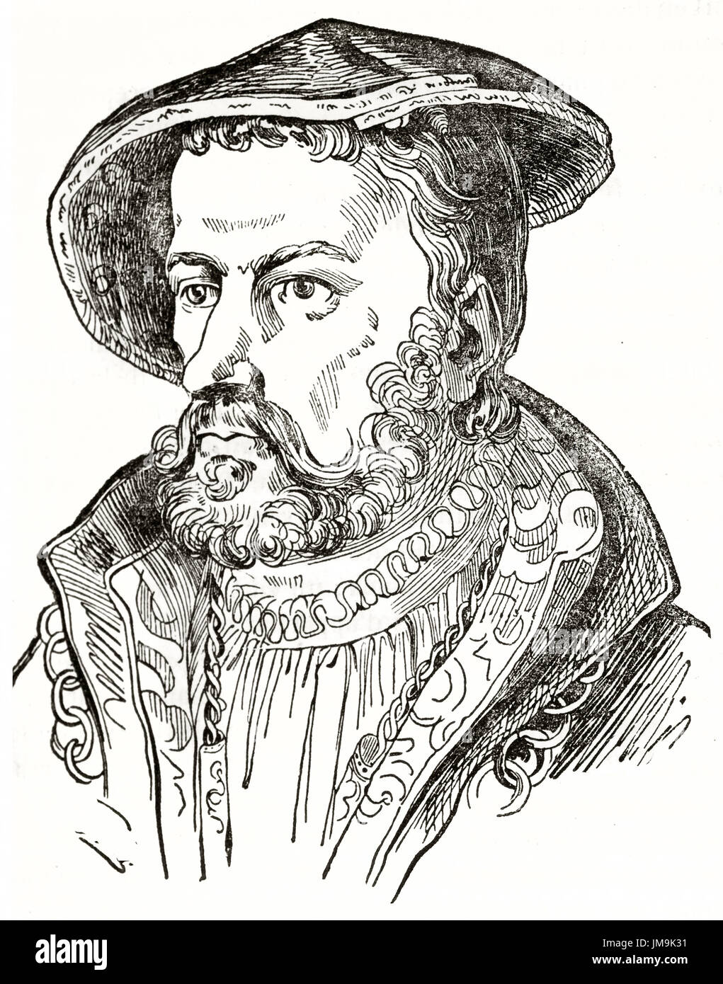 Old engraved portrait of John of Leiden (1509 – 1536), Anabaptist leader of the Munster rebellion. Created by Andrew, Best and Leloir, published on Ma Stock Photo