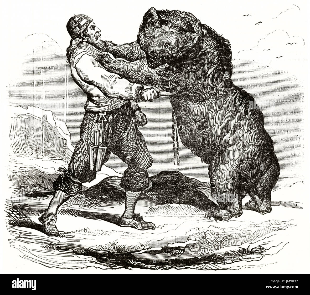 old-illustration-of-a-norwegian-laplander-fighting-against-a-bear-JM9K37.jpg