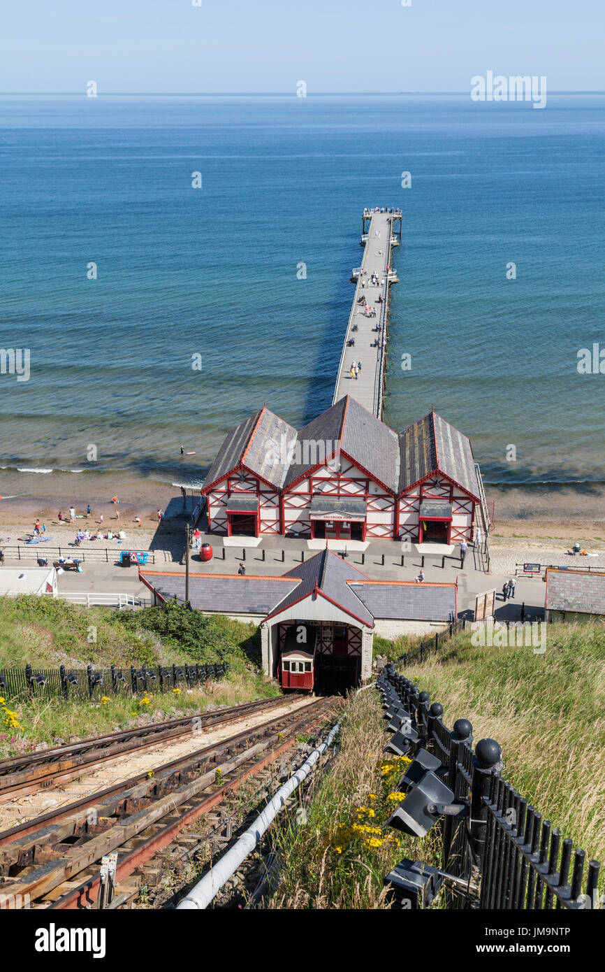 A view from the cliff top at the lift and pier at Saltburn by the Sea,England,UK Stock Photo