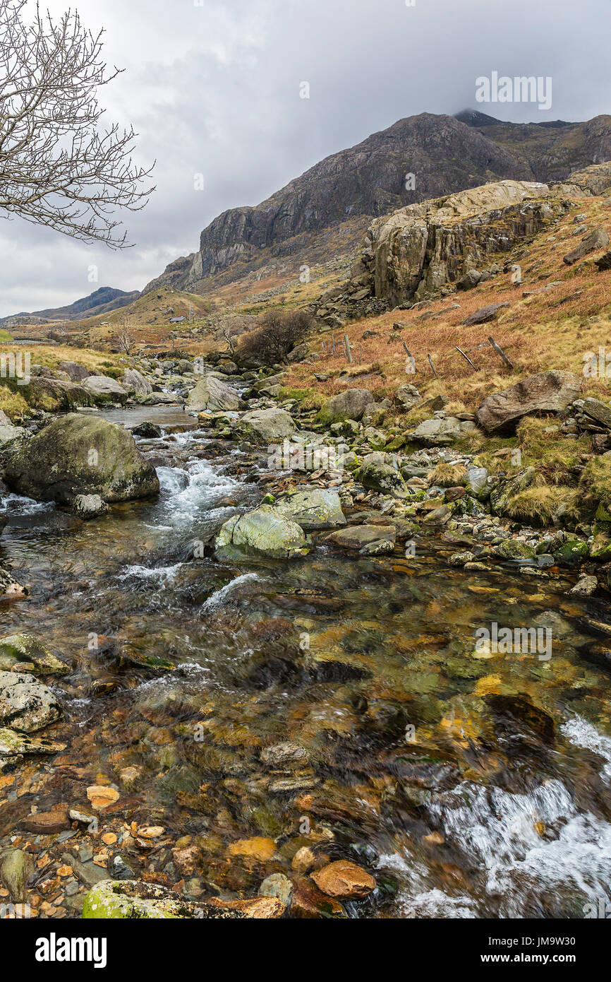 Afon (River) Nant Peris in the Llanberis Pass looking south east Snowdonia North Wales UK February 57433 Stock Photo