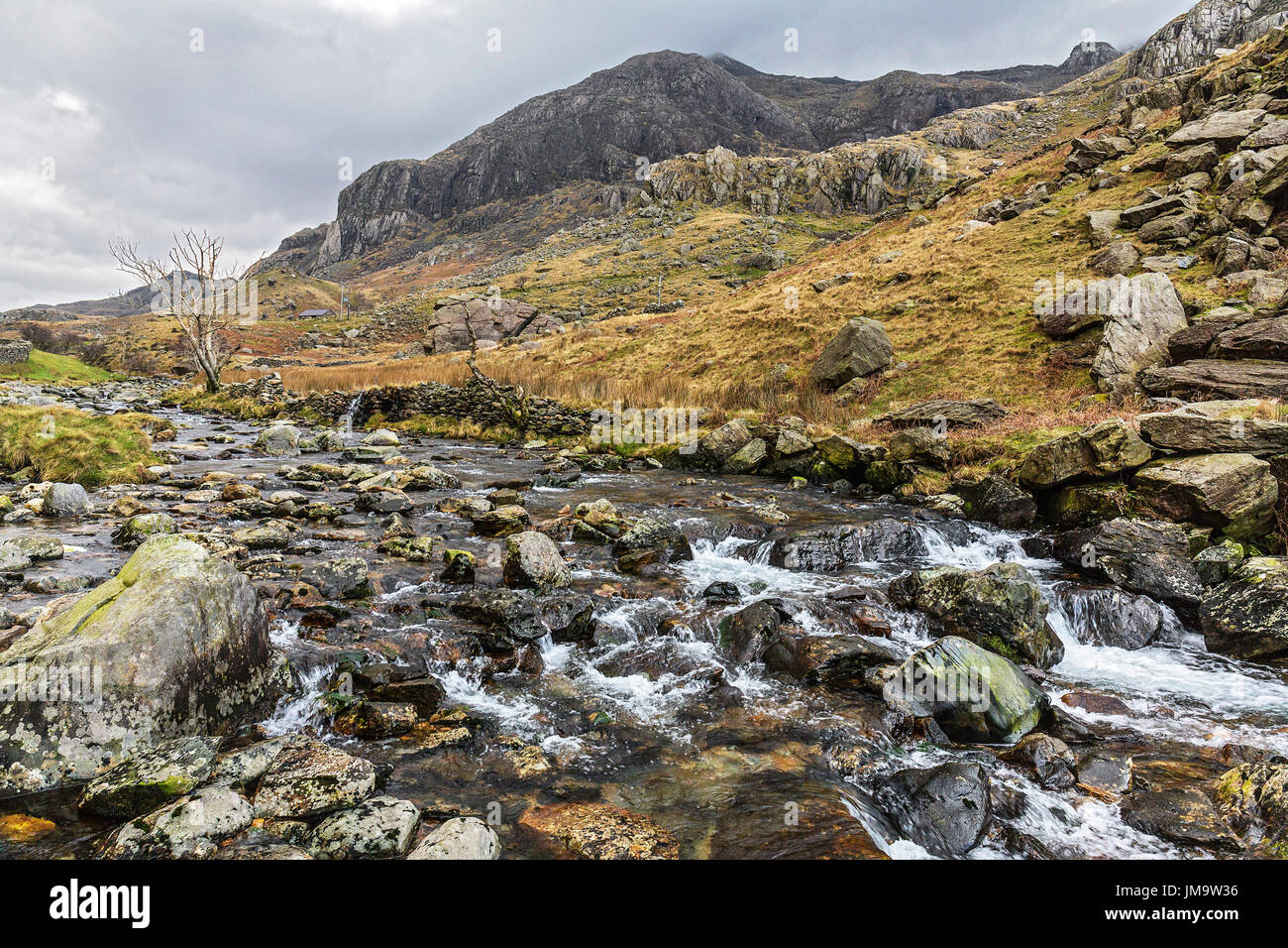 Afon (River) Nant Peris in the Llanberis Pass looking south east Snowdonia North Wales UK February 57437 Stock Photo
