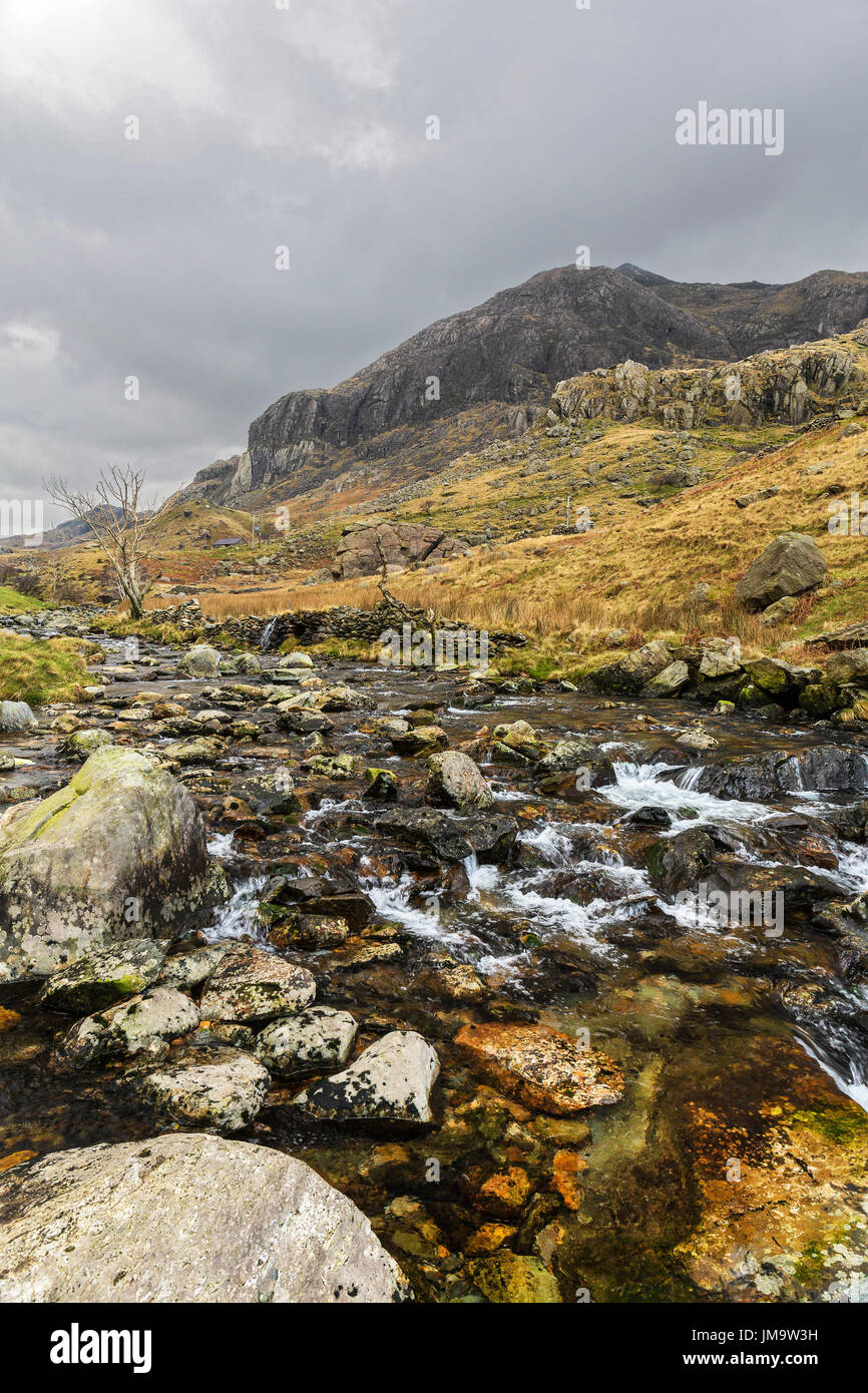Afon (River) Nant Peris in the Llanberis Pass looking south east Snowdonia North Wales UK February 57442 Stock Photo