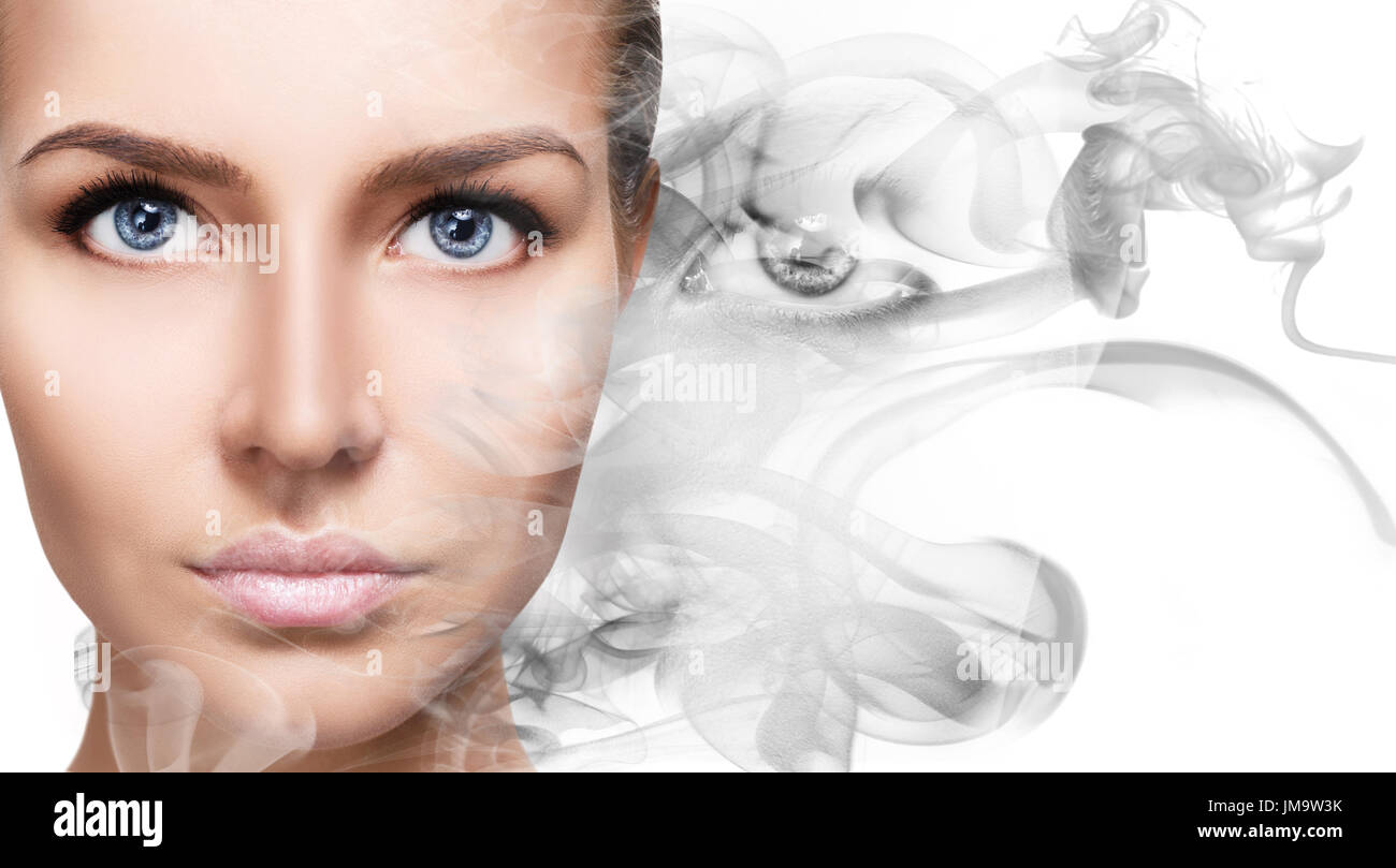 Double exposure portrait of sensual woman face and smoke silhouette ...