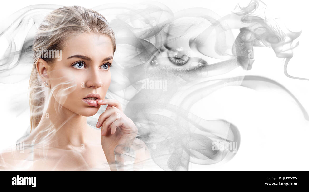 Double exposure portrait of sensual woman face and smoke silhouette ...