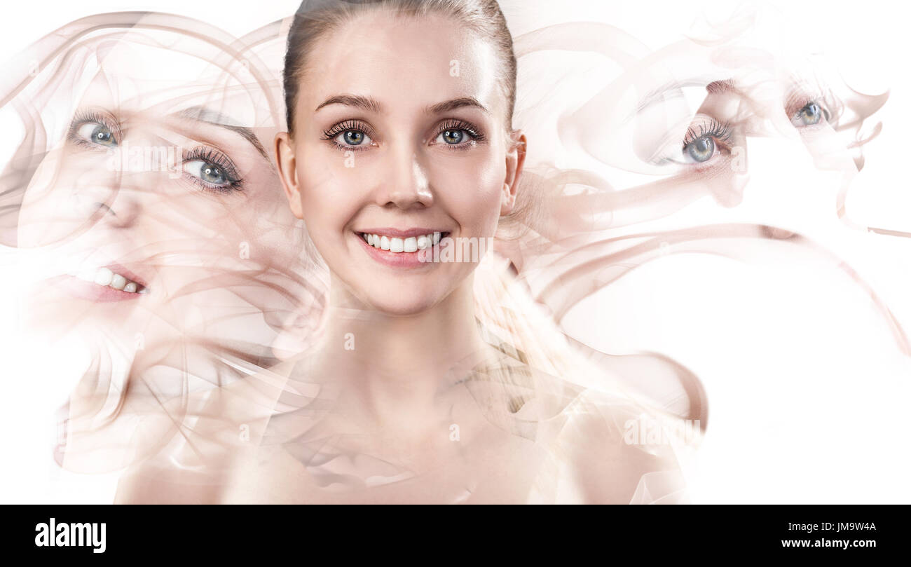 Double exposure portrait of sensual woman face and smoke silhouette ...