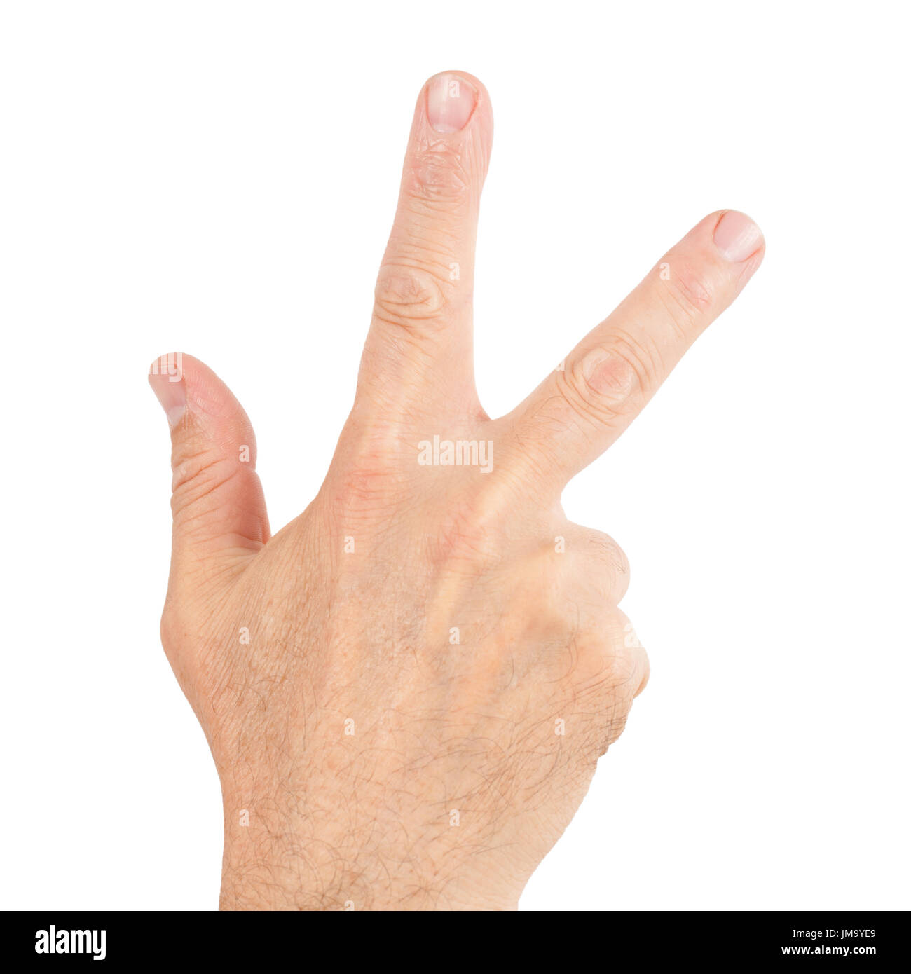 Human back hand with fingers showing number sign tree isolated on white. Stock Photo