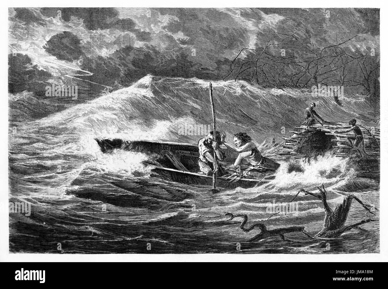 Old illustration of a boat on Amazon river during a storm. Created by Riou, Biard and Therington, published on Le Tour du Monde, Paris, 1861. Stock Photo