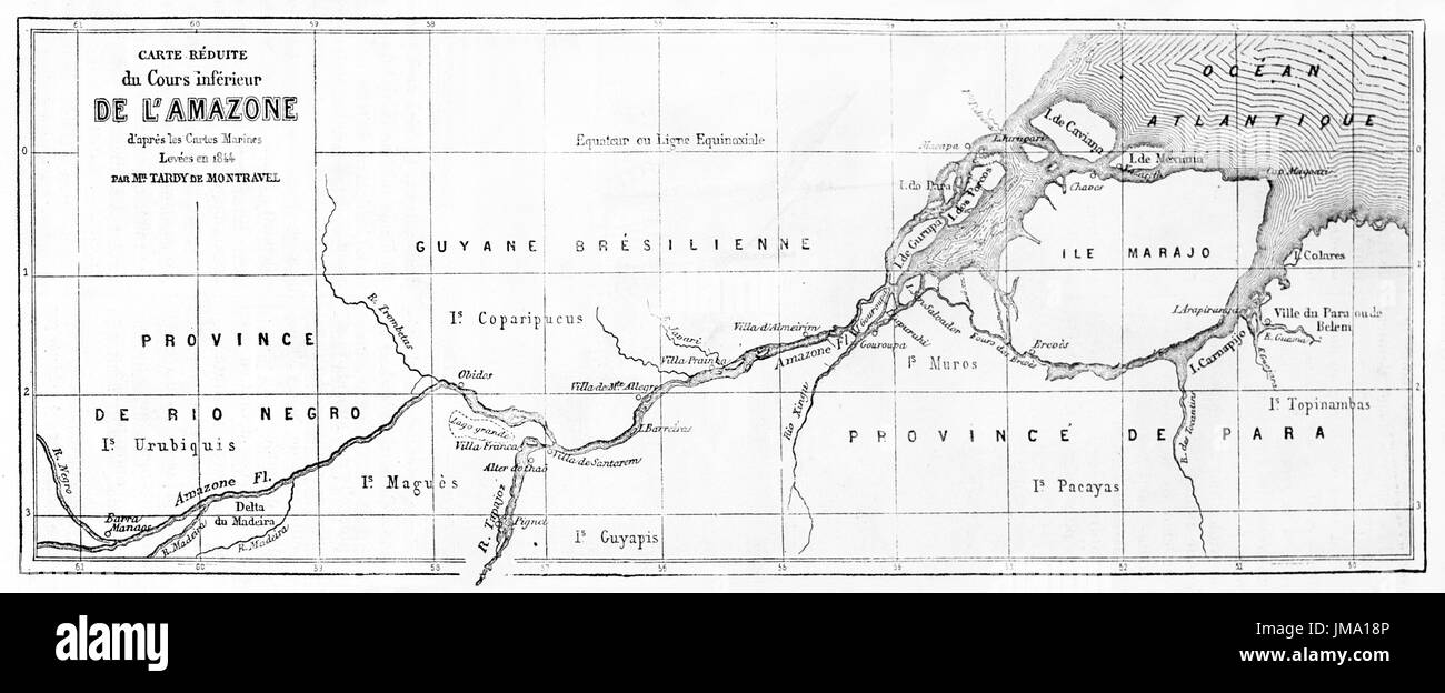 Old map of Amazon river lower course and mouth, Brazil. Created by Erhard and Bonaparte, published on Le Tour du Monde, Paris, 1861 Stock Photo