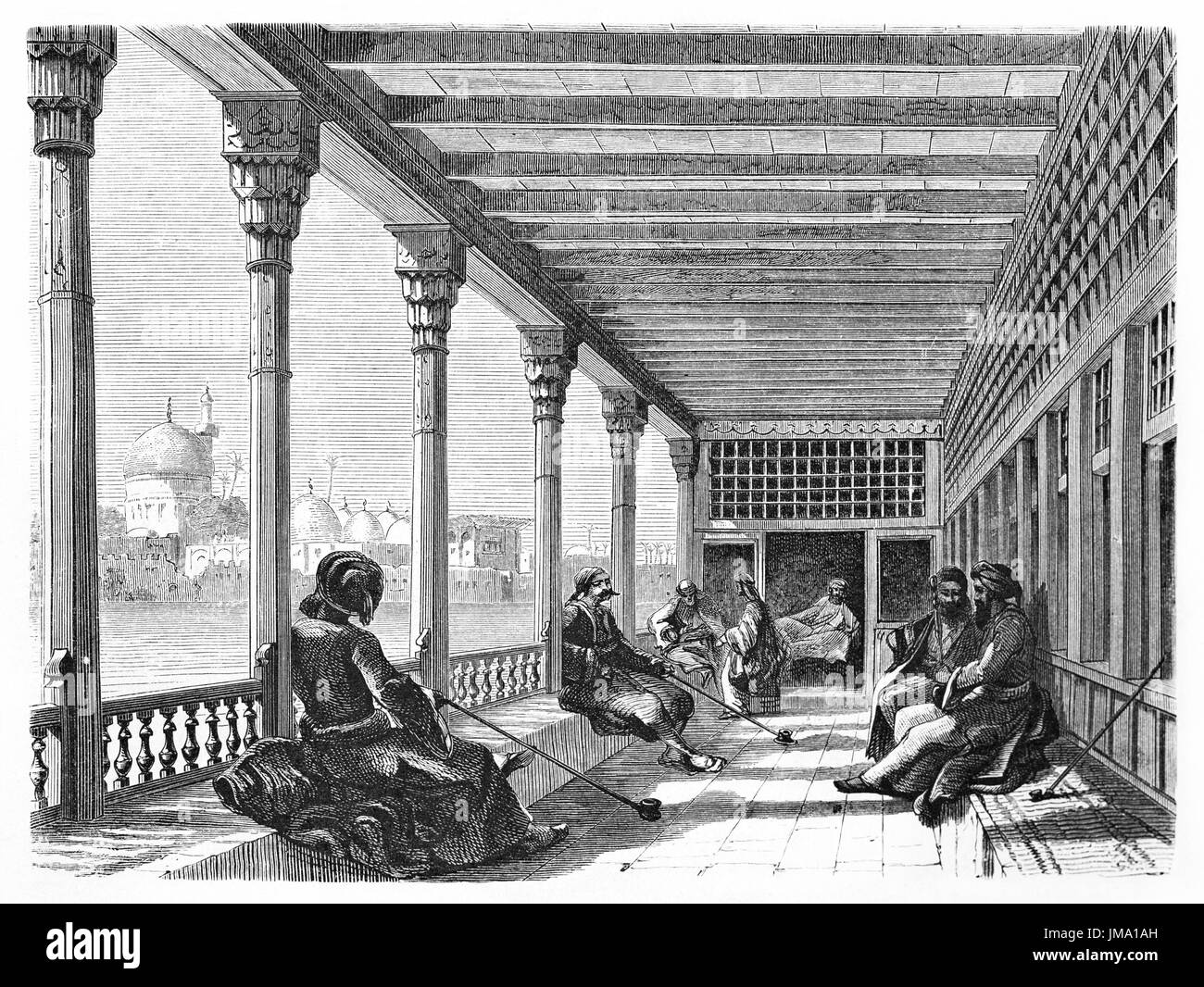Old illustration of men in verandah cafè in Baghdad, Iraq. Created by Flandin,  published on Le Tour du Monde, Paris, 1861. Stock Photo
