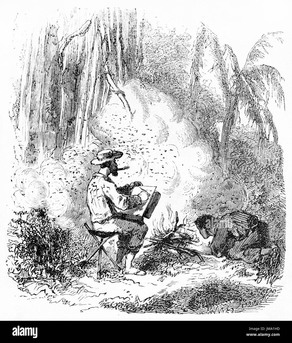 Old illustration of drawing explorer and his assistant lighting a bonfire in the jungle to chase insects. By unidentified author, published on Le Tour Stock Photo
