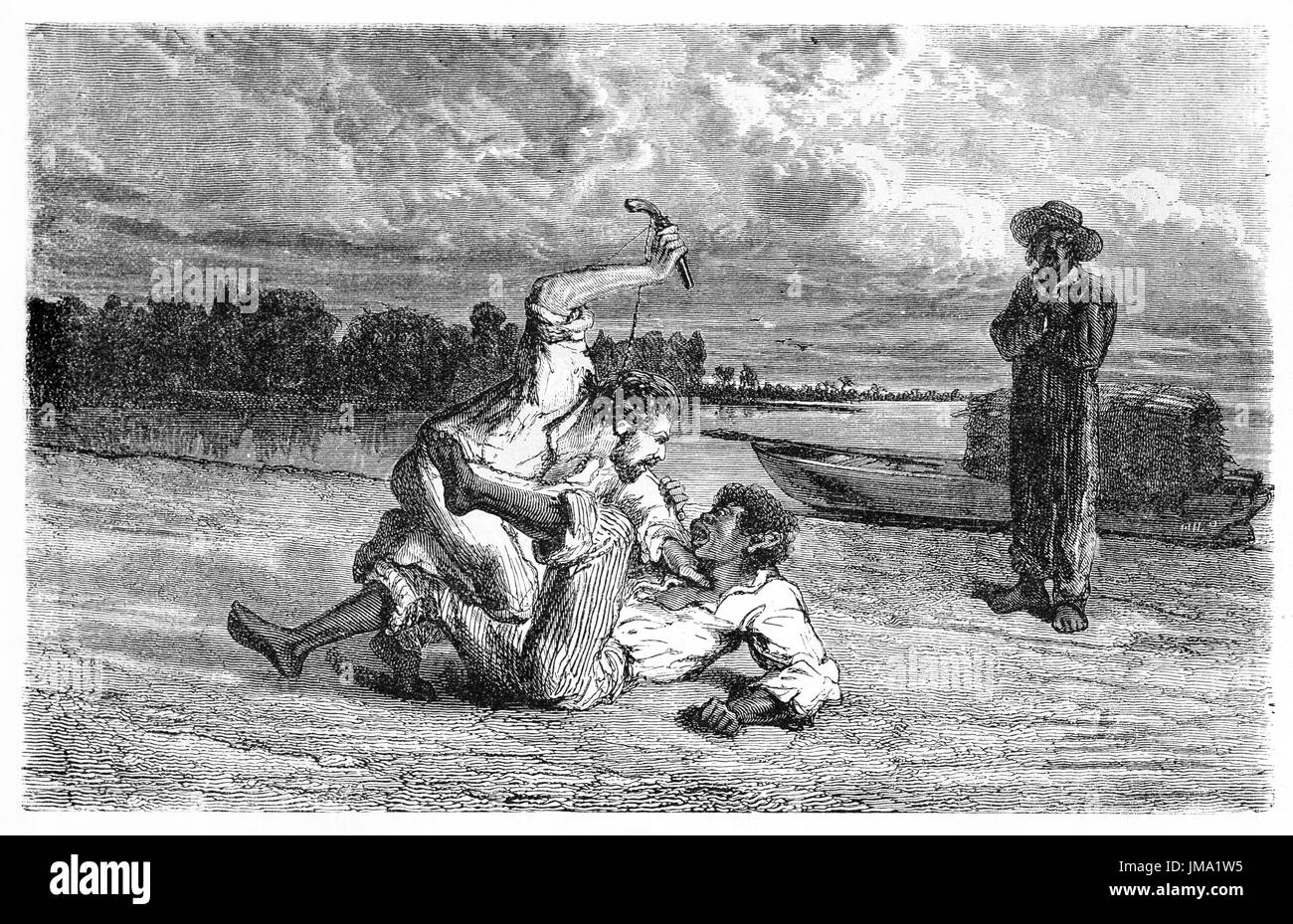 Old illustration of two man coming to blows on Amazon river bank. Created by Riou, published on Le Tour du Monde, Paris, 1861. Stock Photo