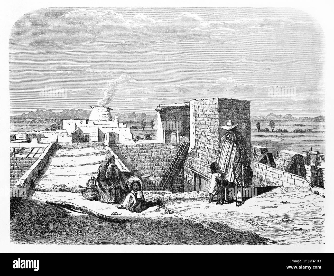 Old illustration of an house terrace in Corallitos, Chihuahua state, Mexico. Created by Marand, published on Le Tour du Monde, Paris, 1861. Stock Photo