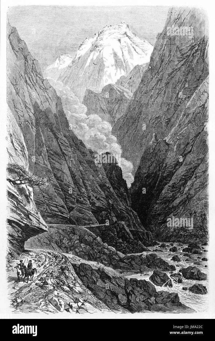Old view of Darial gorge, on the border between Russia and Georgia. Created by Blanchard, published on Le Tour du Monde, Paris, 1861. Stock Photo