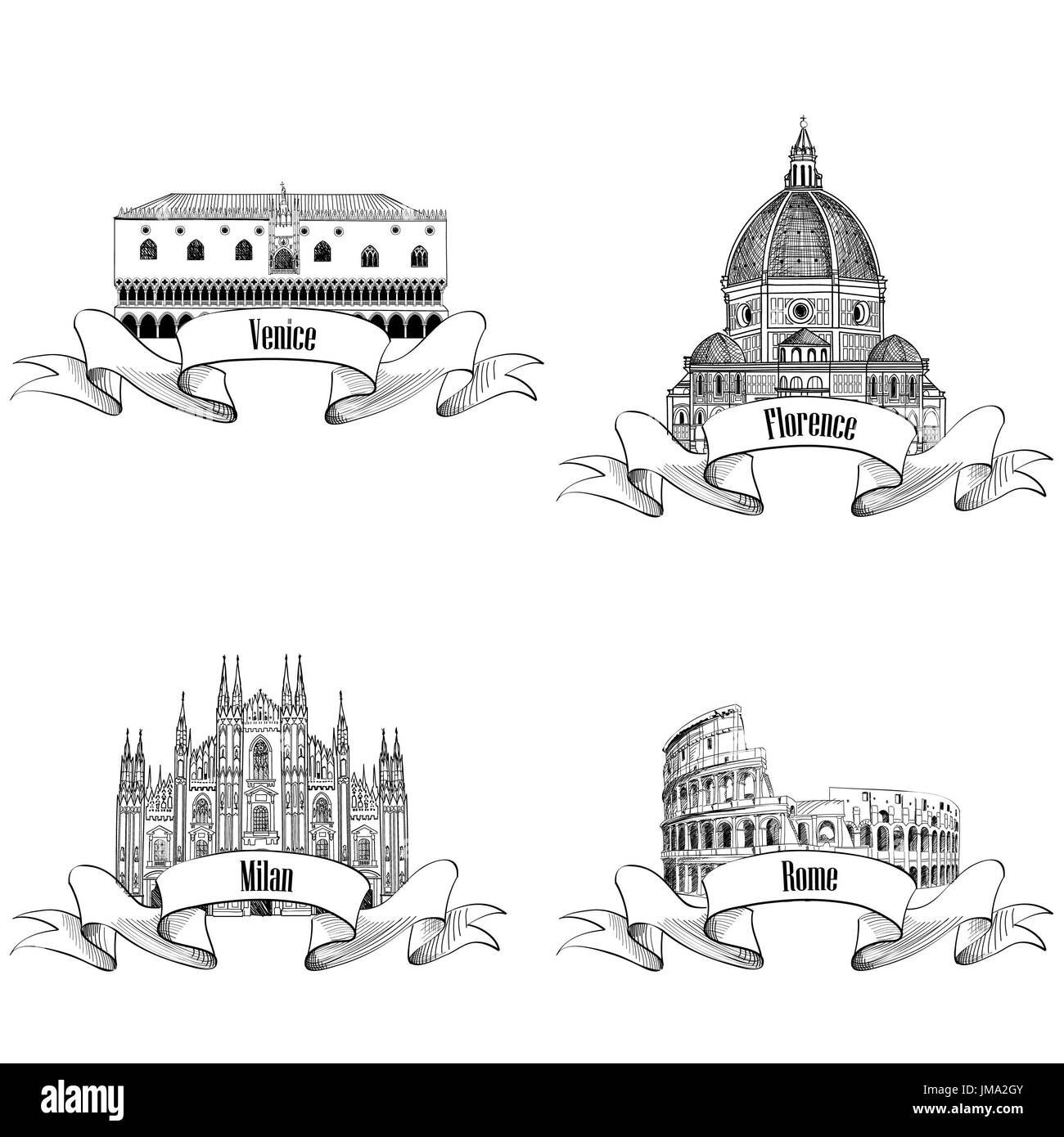 Famous italian city label set: Rome, Milan, Venice, Florence. Landmarks of Italy: Dome cathedral Milan, Doge's palace Venice, Cathedral Santa Maria de Stock Photo