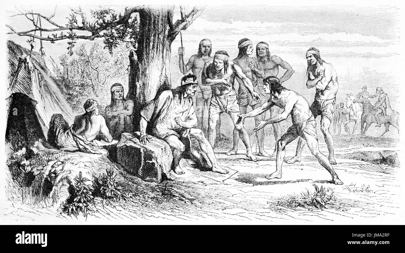 Old illustration of  French explorer Auguste Guinnard (1832 - ?) prisoner of Patagonian natives pleading cacique Caifoucoura. Created by Trichon, publ Stock Photo