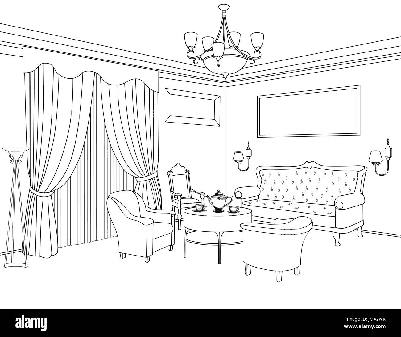 Interior outline sketch. Furniture blueprint. Architectural design. Living  room Stock Photo - Alamy