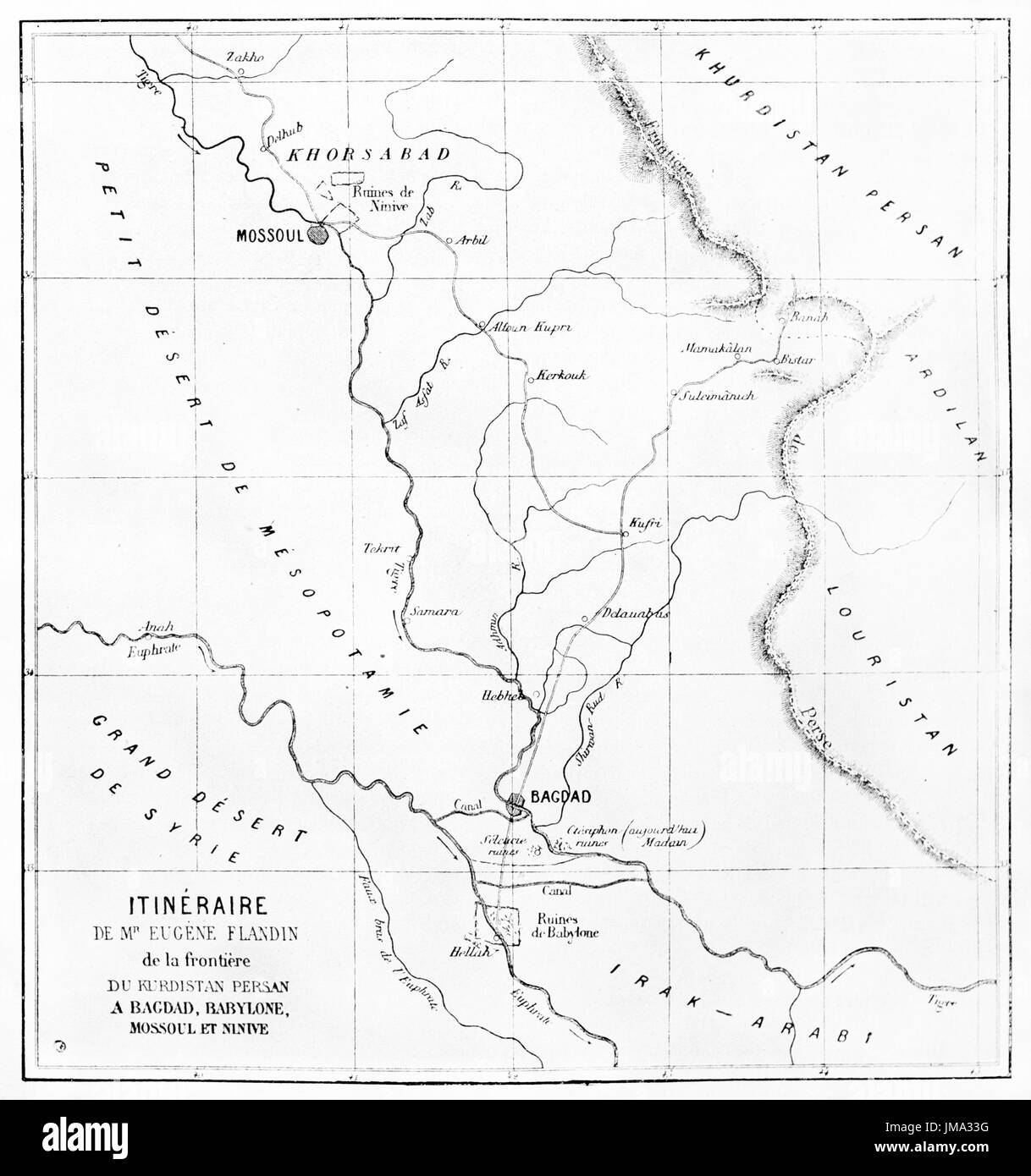 Old map of Eugene Flandin itinerary, from Kurdistan to Babylon. Engraved by Ehrard and Bonaparte, published on Le Tour du Monde, Paris, 1861. Stock Photo