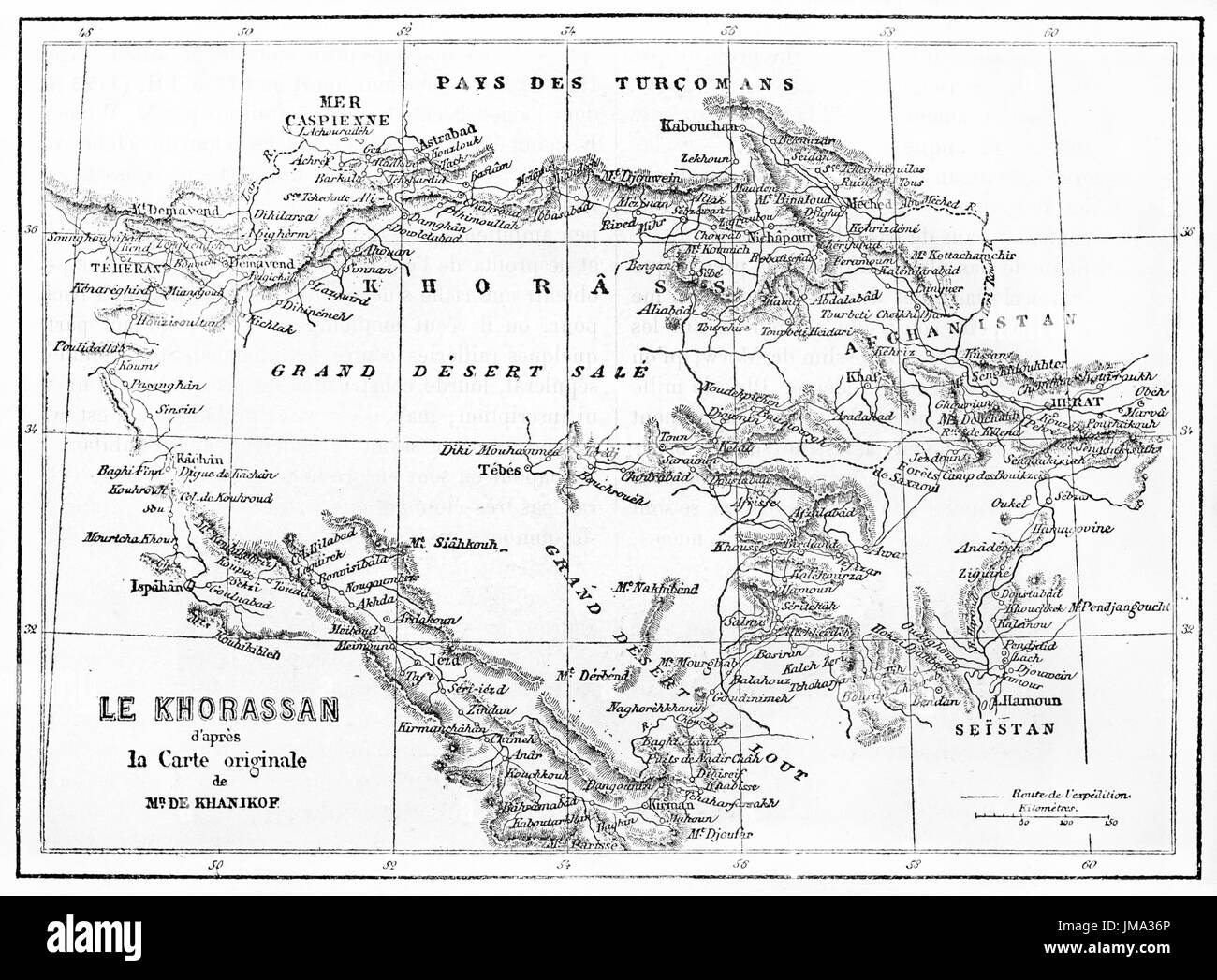 Old map of Khorasan, northeastern Iran. Engraved by Ehrard an Bonaparte, published on Le Tour du Monde, Paris, 1861 Stock Photo