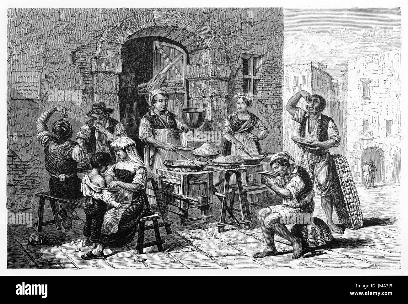 Old illustration of Macaroni seller and customers, Neaples, Italy. Created by Bergue, published on Le Tour du Monde, Paris, 1861 Stock Photo