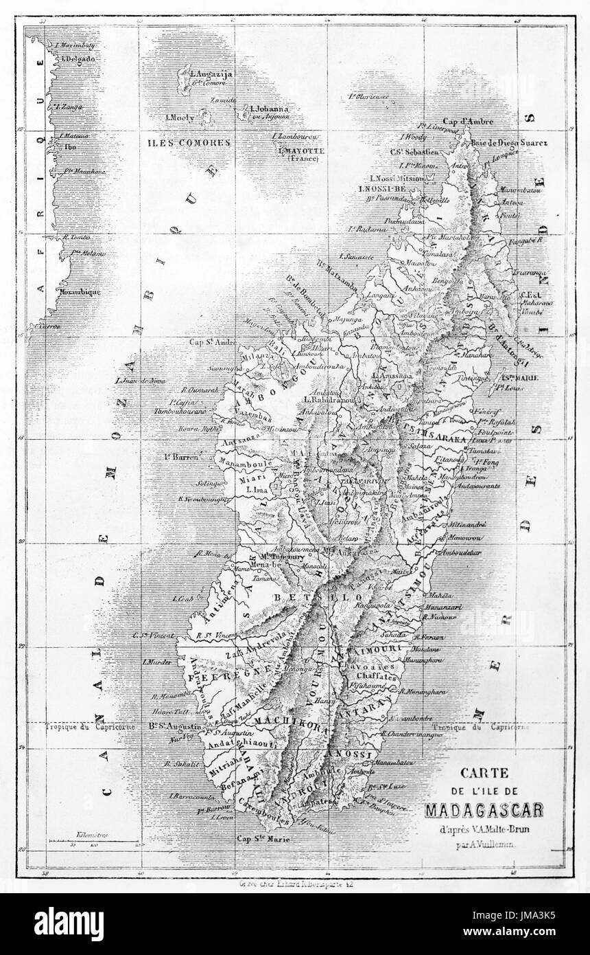 Old map of Madagascar. Created by Vuillemin after Malte-Brun, engraved by Erhard and Bonaparte, published on Le Tour du Monde, Paris, 1861 Stock Photo