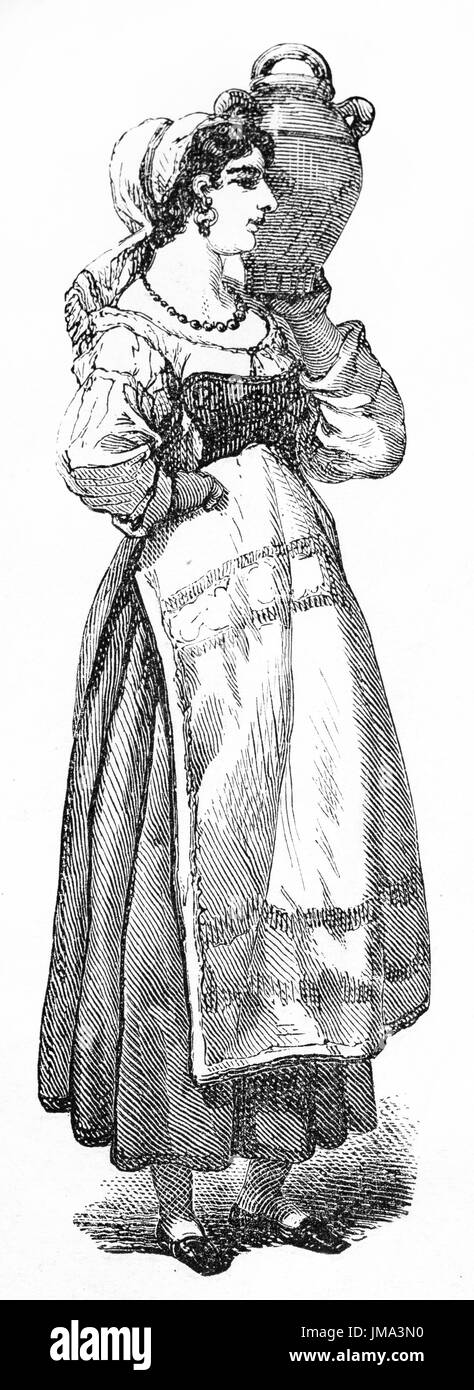 Old engraved portrait of neapolitan maidservant, Italy. Created by Ferogio, published on Le Tour du Monde, Paris, 1861 Stock Photo