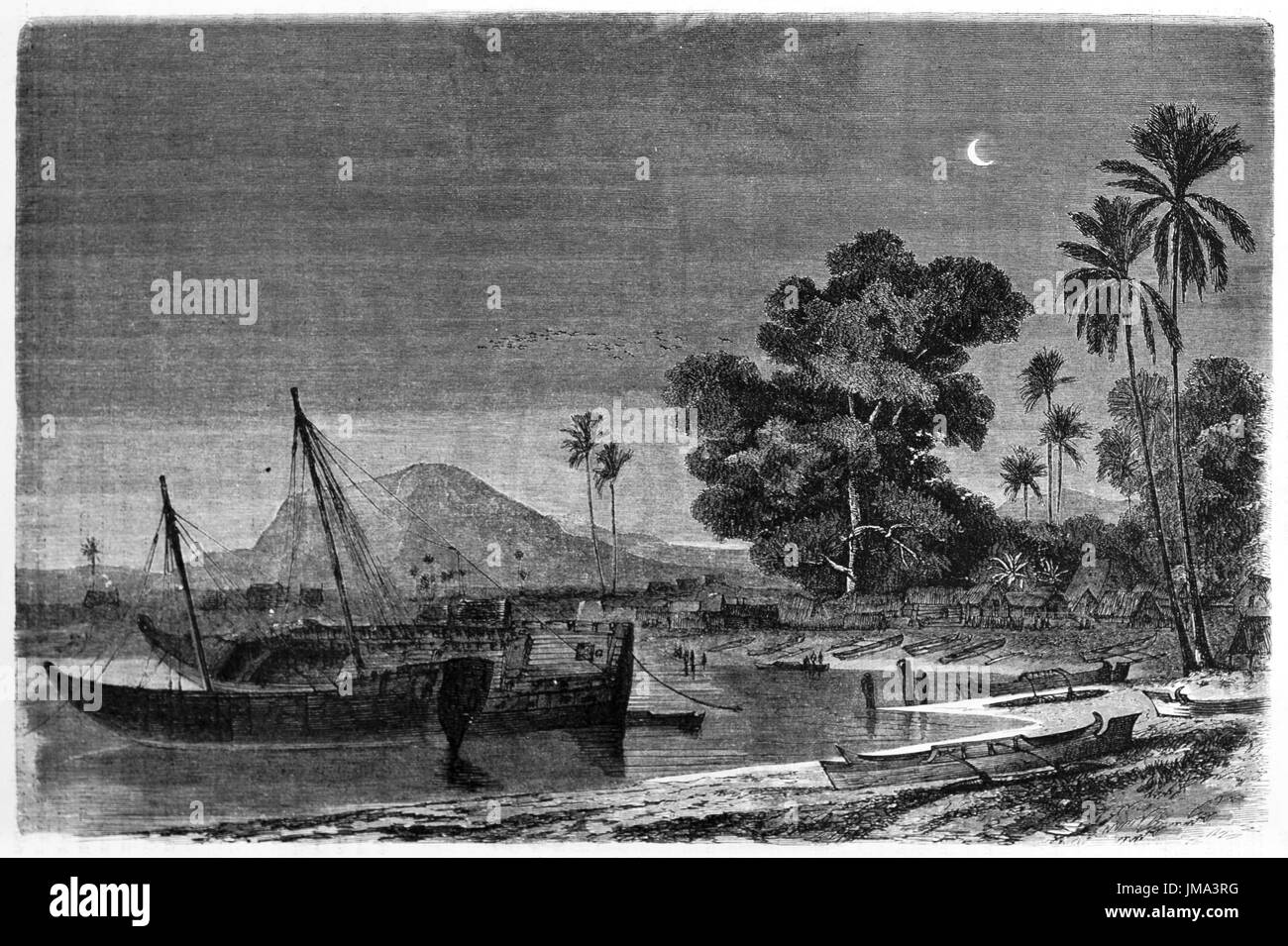 Malgasy dhows docked in Madagascar calm water bay in the night (dhow is a typical boat in Red Sea and Indian ocean). Art by Bérard, Tour du Monde,1861 Stock Photo