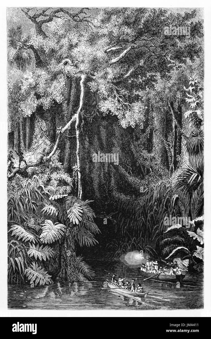 Mouillage river entering huge dark tangled jungle vegetation in Rossell island, Louisiade Archipelago. Art by Hadamard and Sargent, 1861 Stock Photo