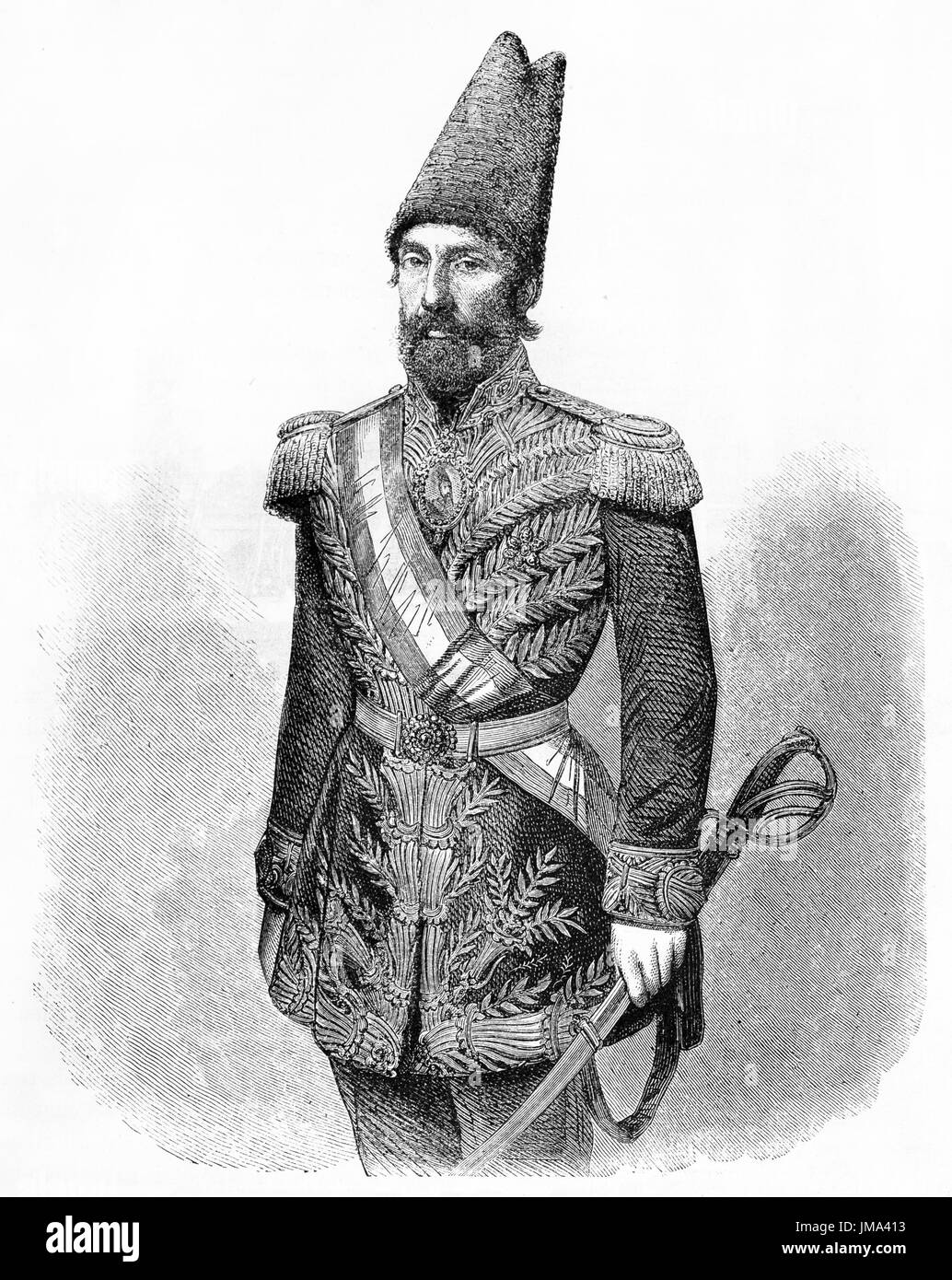 portrait of Mourad Mirza, Khorasan governor, posing in official uniform and with military pose. Etching style art by Hadamard, Le Tour du Monde, 1861 Stock Photo