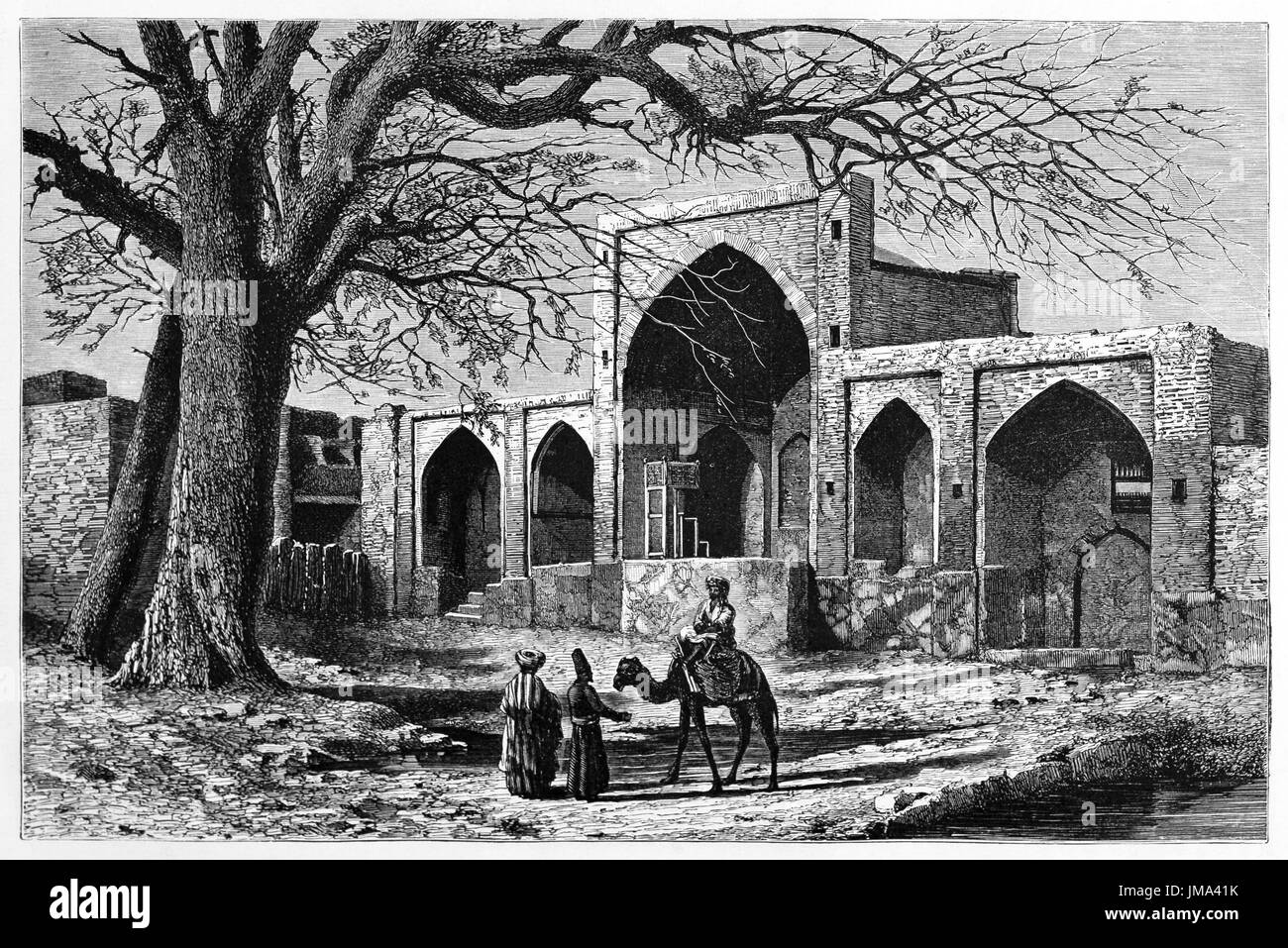 Nadir Shah tomb, Mashhad, Iran. Stone monument with arabian arches close to a big tree and people with camel. Art by Sargent and Rondé, 1861 Stock Photo