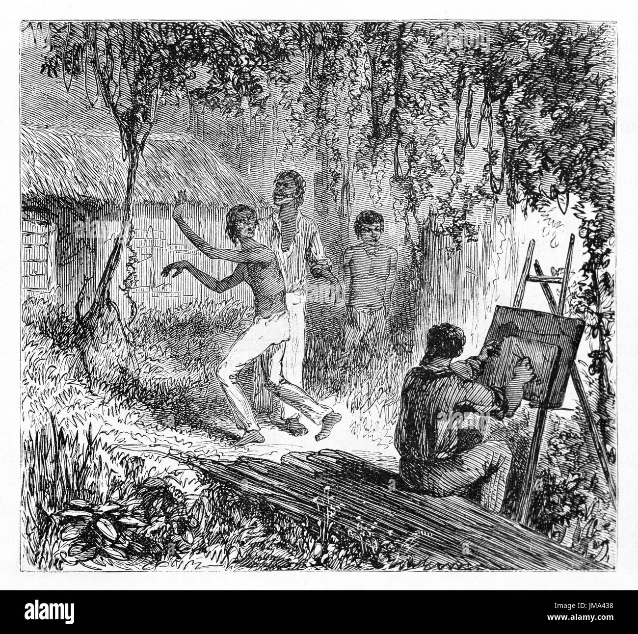 man living and painting with easel in Amazon jungle in front of amazed amazonian people. Art by Riou, Board and Therington, Le Tour du Monde, 1861 Stock Photo