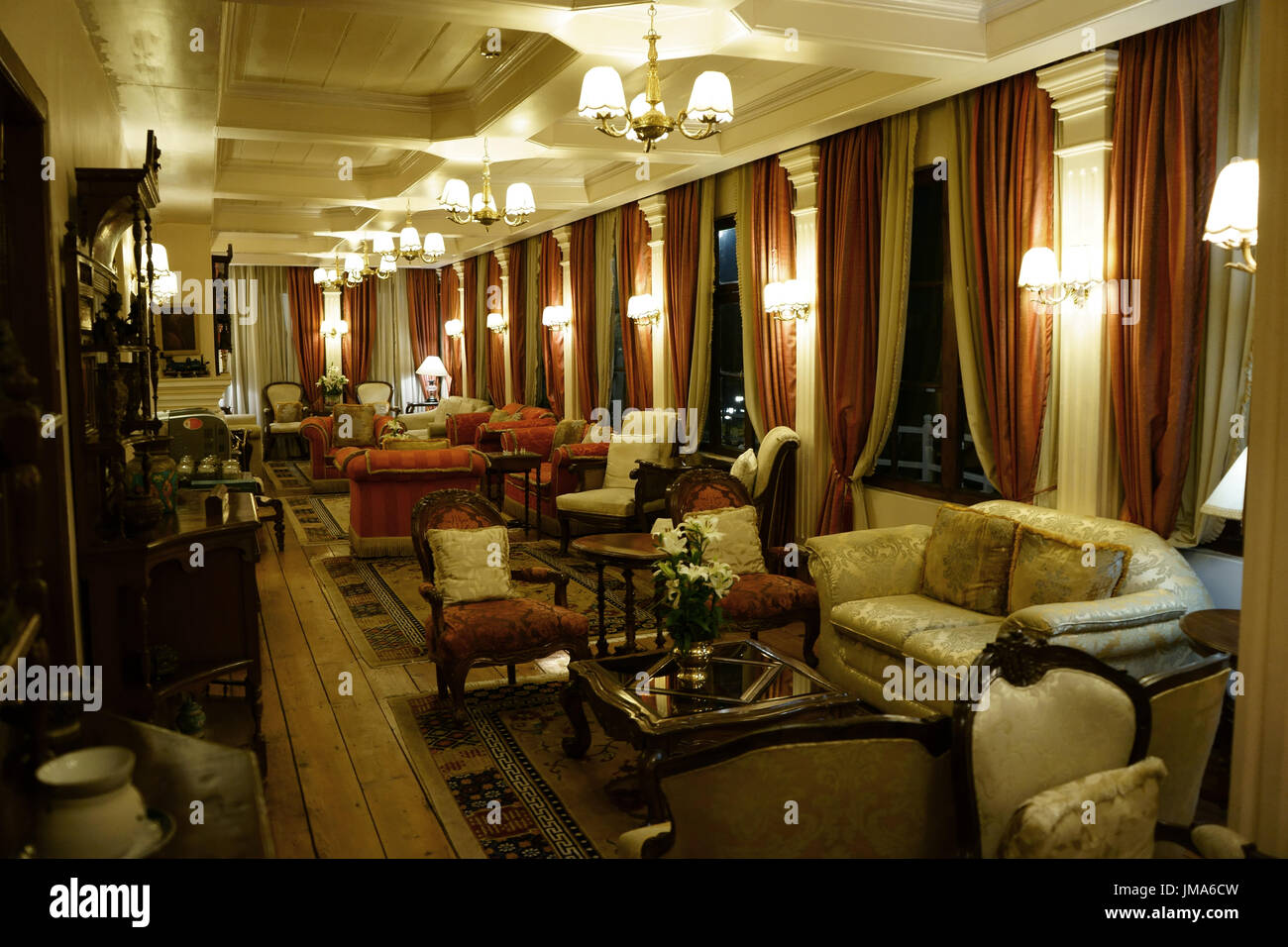 Elgin Hotel, interior guest lounge room, colonial Hotel, Darjeeling, West-Bengal, India Stock Photo