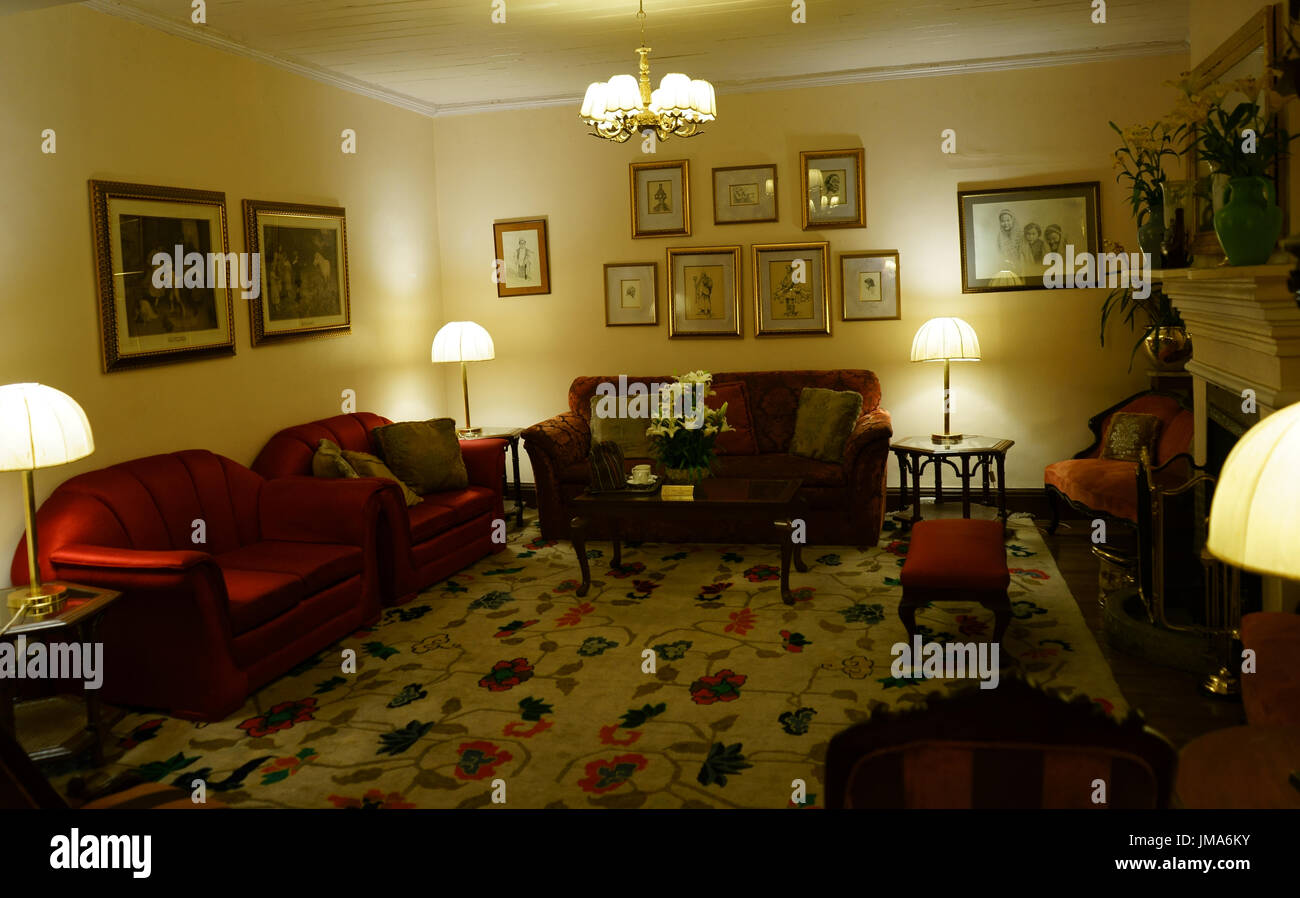 Elgin Hotel, interior,  Tea room, colonial Hotel, Darjeeling, West-Bengal, India Stock Photo