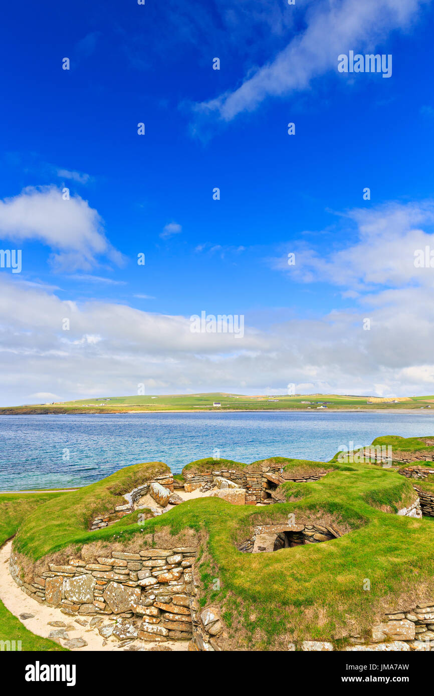 Skara Brae - neolithic village ruins near Sandwick, Orkney Island, Scotland, UK. UNESCO World Heritage Site. Stock Photo
