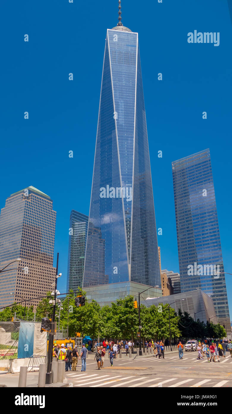 NEW YORK, USA - MAY 05, 2017: Unidentified people walking near from One World Trade Center, view from street level located in New York City Usa Stock Photo