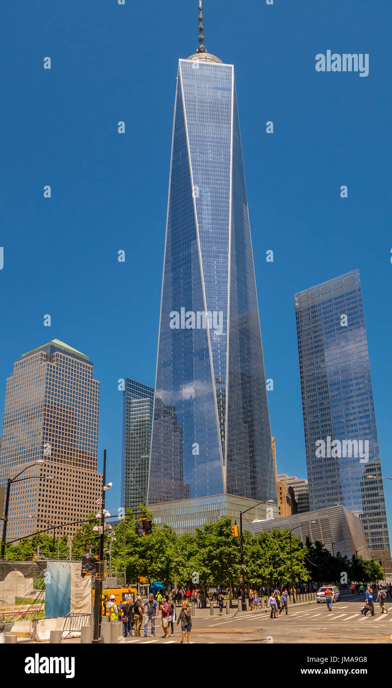 NEW YORK, USA - MAY 05, 2017: Unidentified people walking near from One World Trade Center, view from street level located in New York City Usa Stock Photo