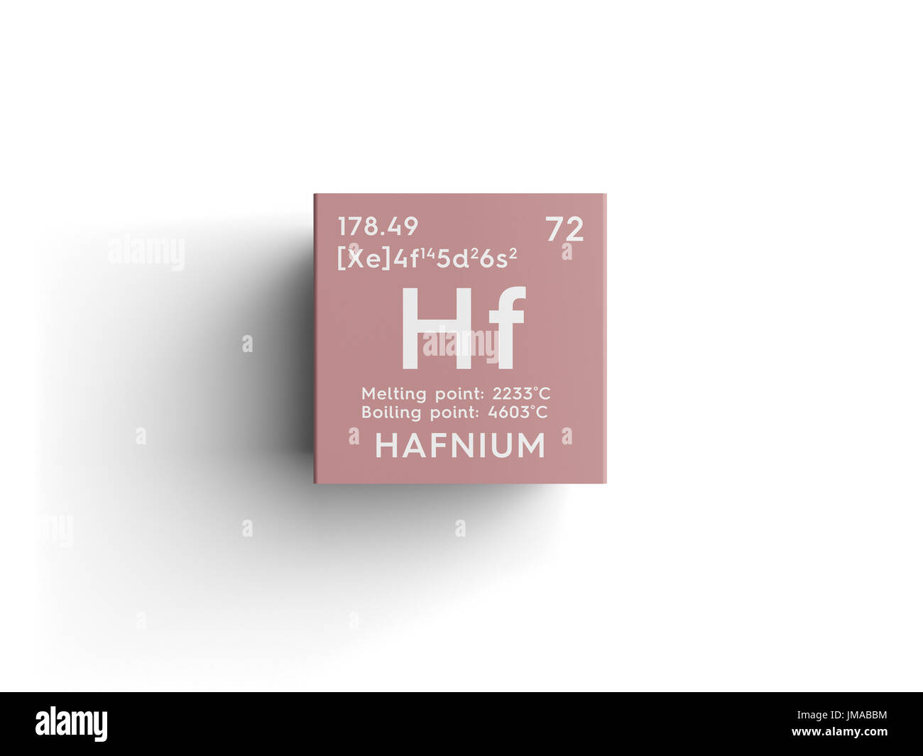 Hafnium. Transition metals. Chemical Element of Mendeleev's Periodic Table. Hafnium in square cube creative concept. Stock Photo