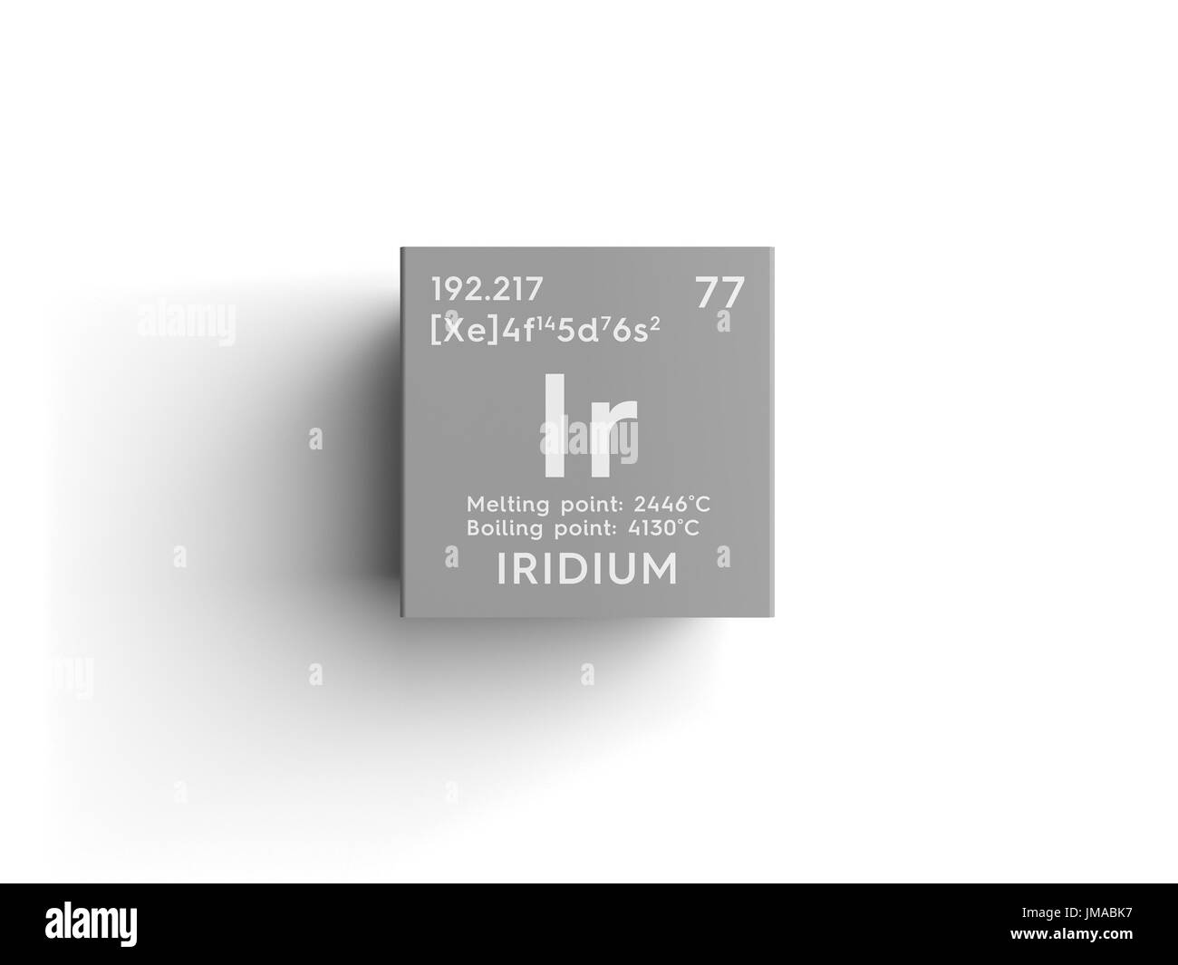 Iridium. Transition metals. Chemical Element of Mendeleev's Periodic Table. Iridium in square cube creative concept. Stock Photo