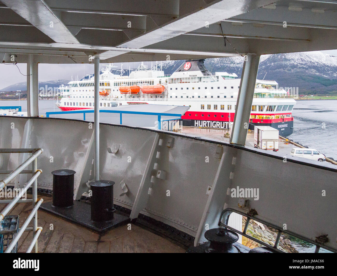 View of MS Nordnorge, seen from the former Coastal Express cruise ship, MS Finnmarken, located at the Hurtigruten Museum, Stokmarknes, Norway. Stock Photo