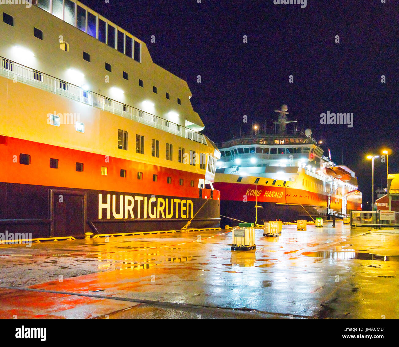 Hurtigruten Coastal Express cruise ships MS Nordnorge and MS Kong Harald in port at Rørvik, Norway Stock Photo