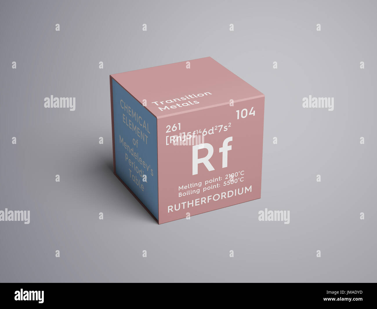 Rutherfordium. Transition metals. Chemical Element of Mendeleev's Periodic Table. Rutherfordium in square cube creative concept. Stock Photo