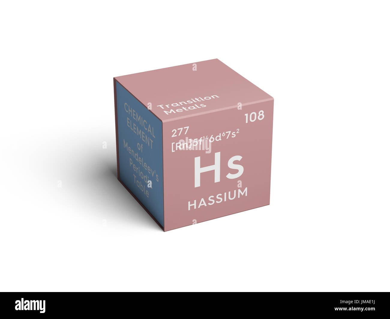 Hassium. Transition metals. Chemical Element of Mendeleev's Periodic Table. Hassium in square cube creative concept. Stock Photo