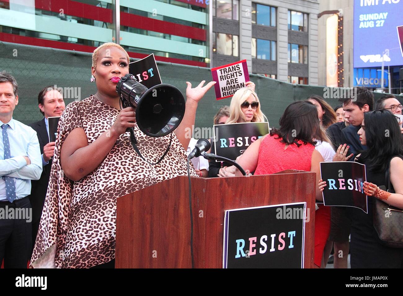 New York, NY, USA. 26th July, 2017. Peppermint, transgender 'RuPaul's Drag Race' contestant, at the rally in Times Square against U.S. President Donald Trump's ban on transgenders serving in the military in New York, New York on July 26, 2017. Credit: Rainmaker Photo/Media Punch/Alamy Live News Stock Photo