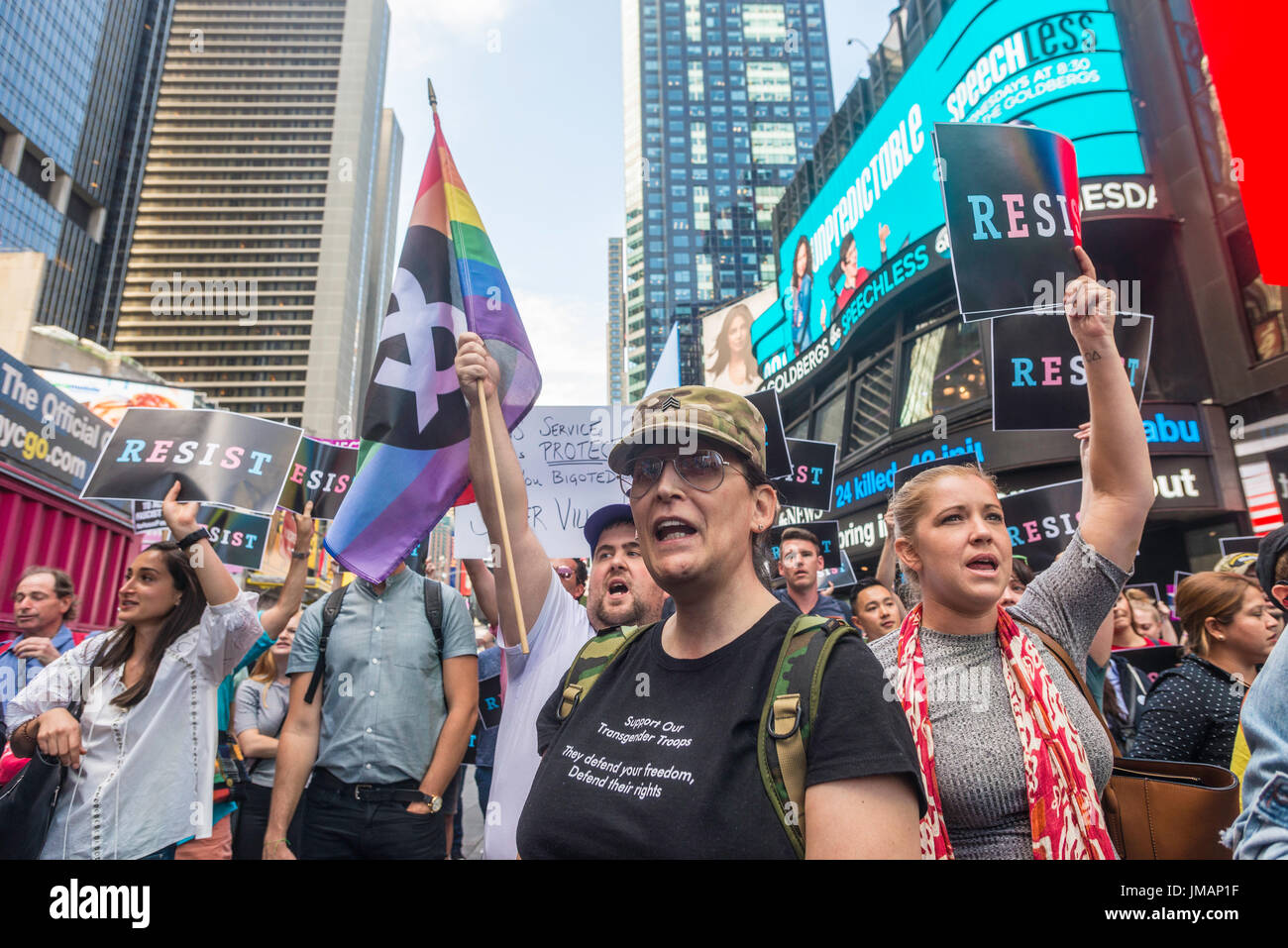 New York, NY 26 July 2017 In response to President Donald Trump's tweet to ban transgender people from the military, advocates, activists, and allies converged on the Military Recruitment Center in Times Square in protest. ©Stacy Walsh Rosenstock/Alamy Live News Stock Photo