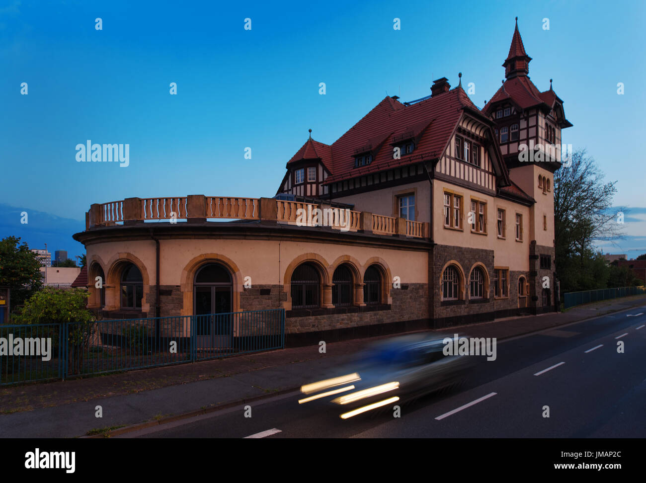 A car passes by the historical wastewater treatment plant (years of construction 1883-1887) at blue hour in Frankfurt am Main, Germany, 19 July 2017. Photo: Andreas Arnold/dpa Stock Photo