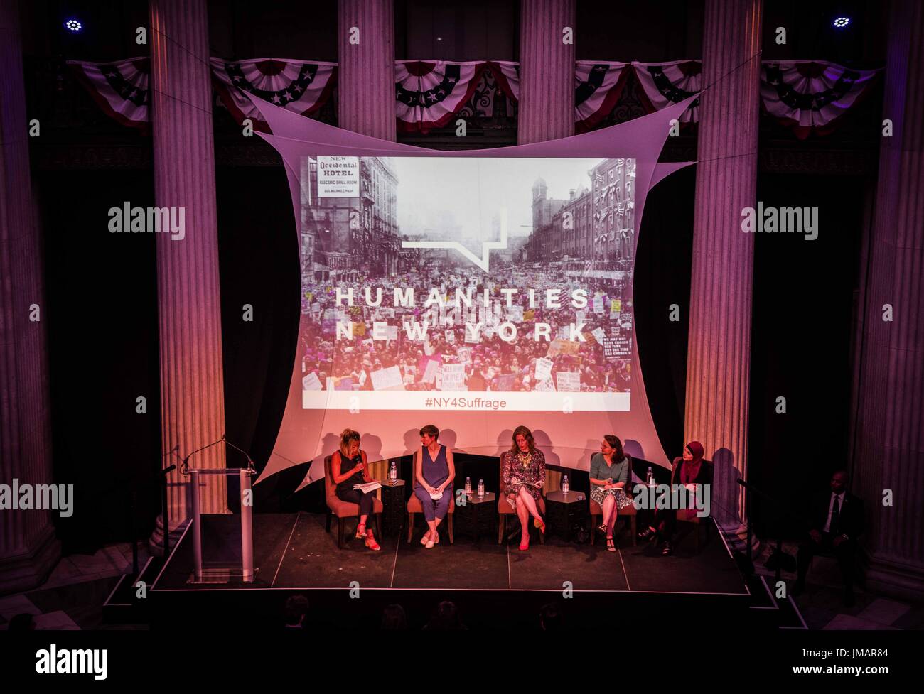 New York, USA. 26th July, 2017. Led by the endowment foundation Humanities New York, a celebration of the centennial of Women's Suffrage was organized at Federal Hall in NYC under the title of 'Beyond the Ballot: From Suffrage to the Women's March''. In the course of the event, a roundtable involving women from journalism, history, and community organizing discussed such themes as the Suffrage movement, the 19th Amendment, and what's next for women. The event was moderated by Jia Tolentino of the New Yorker. Credit: ZUMA Press, Inc./Alamy Live News Stock Photo