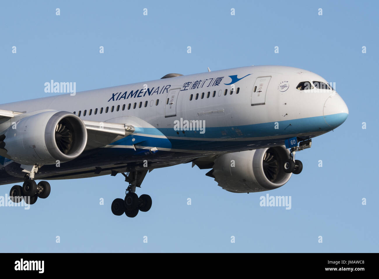 Richmond, British Columbia, Canada. 3rd July, 2017. A XiamenAir Boeing 787 (787-8) Dreamliner jet airliner on final approach for landing at Vancouver International Airport. Credit: Bayne Stanley/ZUMA Wire/Alamy Live News Stock Photo