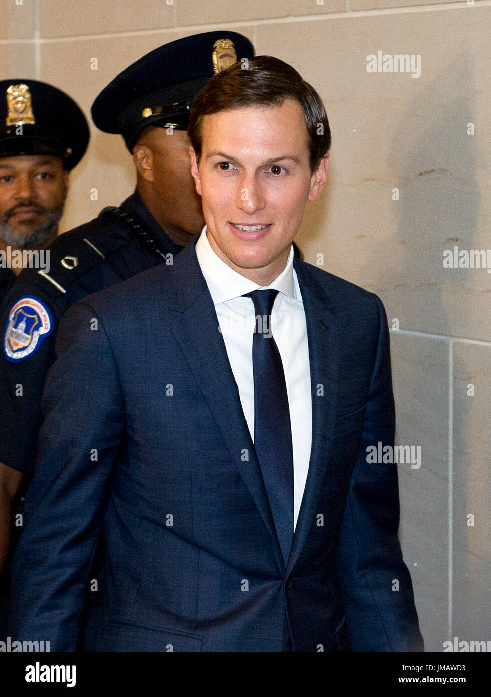 Washington, Us. 25th July, 2017. Trump senior advisor Jared Kushner departs after giving testimony before the US House Select Committee on Intelligence on his role meeting the Russians in relation to the 2016 US Presidential election on Capitol Hill in Washington, DC on Tuesday, July 25, 2017. Credit: Ron Sachs/CNP (RESTRICTION: NO New York or New Jersey Newspapers or newspapers within a 75 mile radius of New York City) - NO WIRE SERVICE - Photo: Ron Sachs/Consolidated/dpa/Alamy Live News Stock Photo