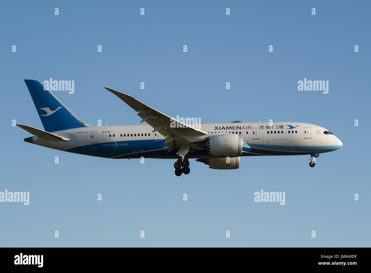 Richmond, British Columbia, Canada. 3rd July, 2017. A XiamenAir Boeing 787 (787-8) Dreamliner jet airliner on final approach for landing at Vancouver International Airport. Credit: Bayne Stanley/ZUMA Wire/Alamy Live News Stock Photo