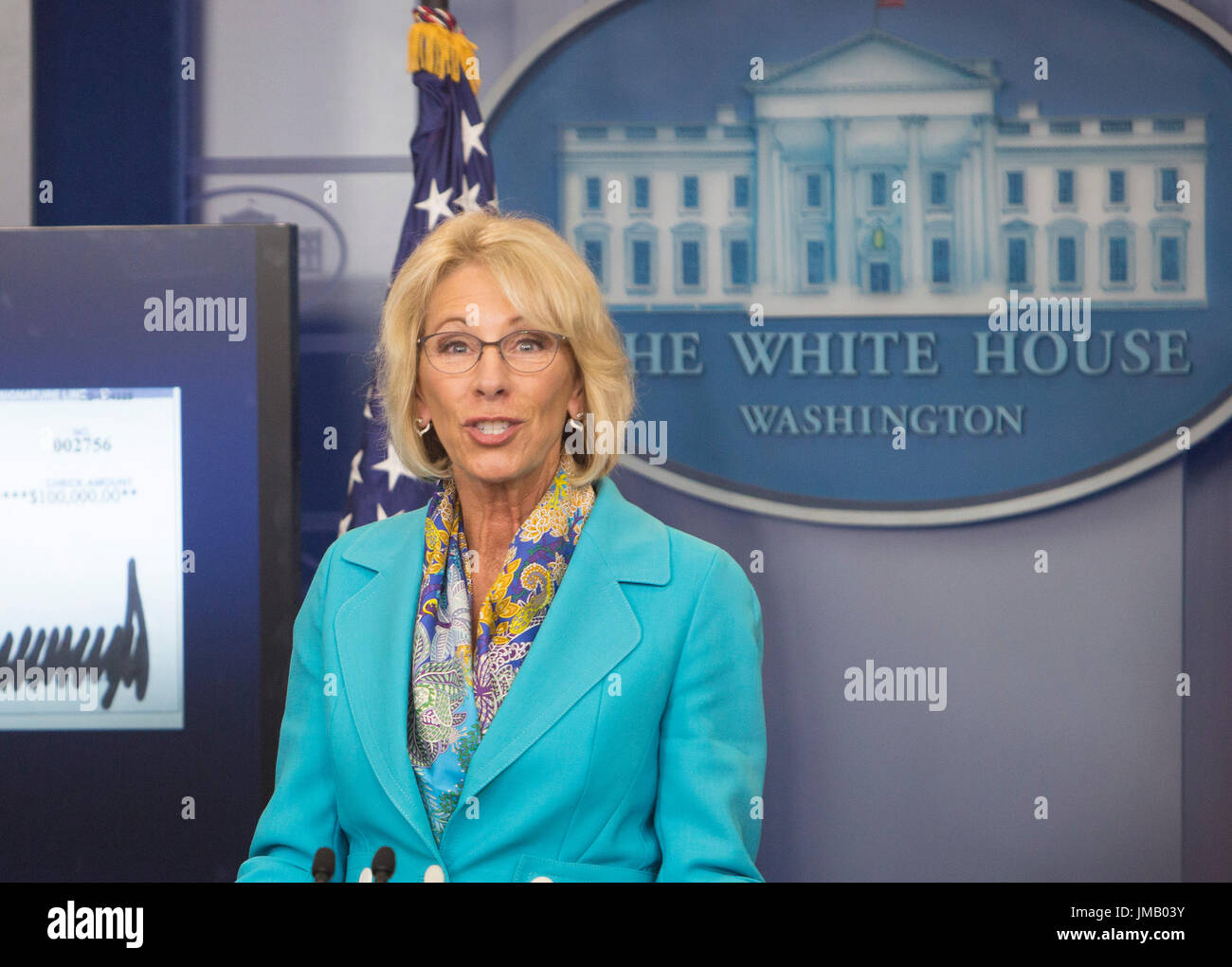 United States Secretary of Education Betsy DeVos acknowledges the