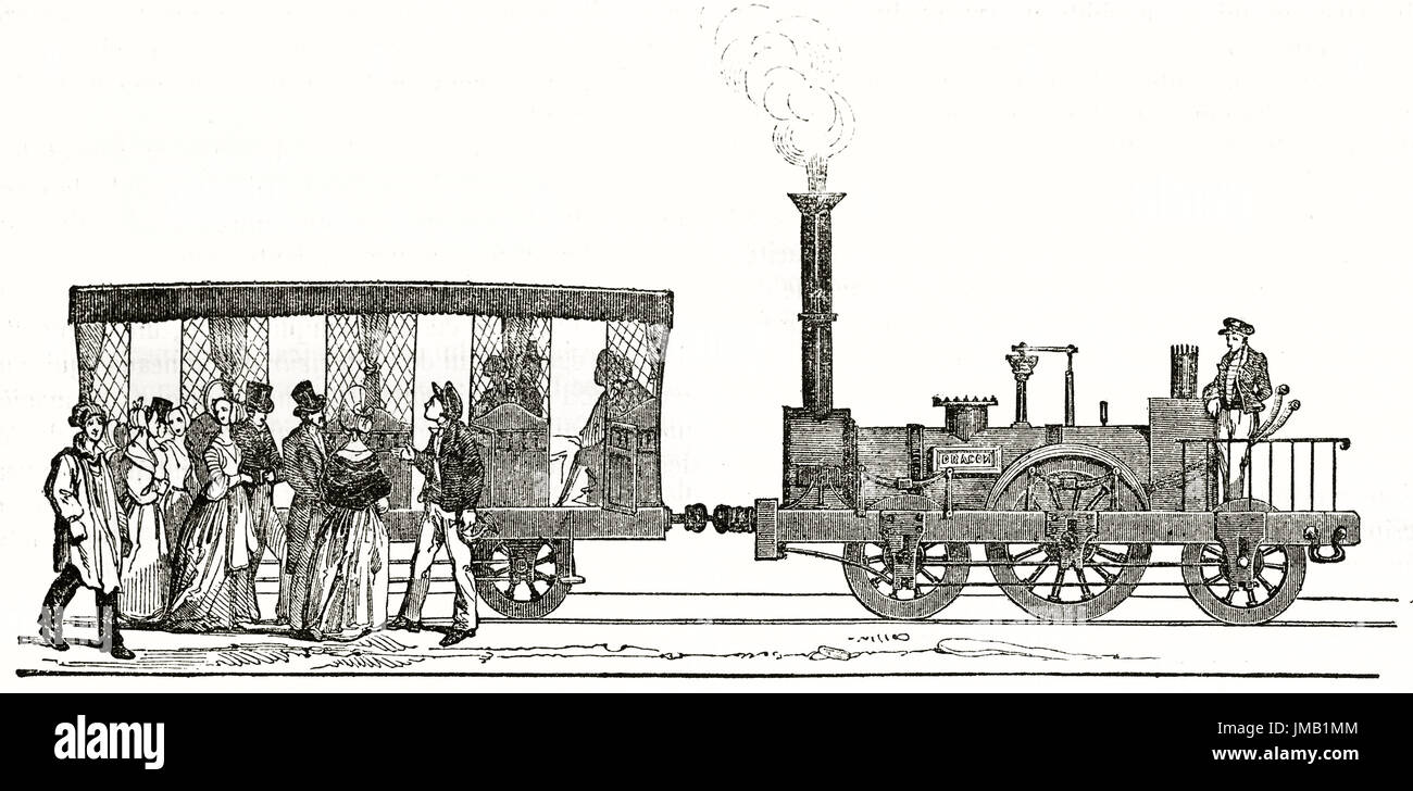 Old illustration of locomotive and wagon in Saint-Germain railway station, Paris. By unidentified author, published on Magasin Pittoresque, Paris, 183 Stock Photo